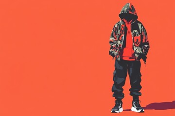 Minimalistic urban fashion illustration with camouflage hoodie and sneakers