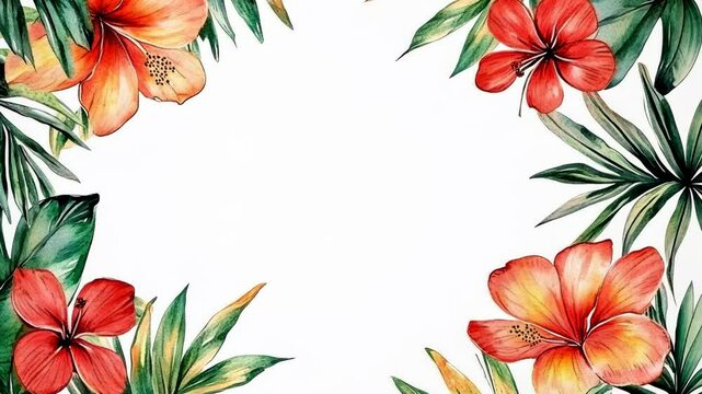 Red hibiscus flowers and green leaves create a tropical frame