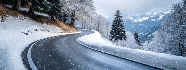 A winding road in the snow-covered mountains of Switzerland, snow-covered trees and a white, snowy landscape