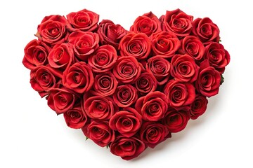 Heart shaped bouquet of red roses on white background