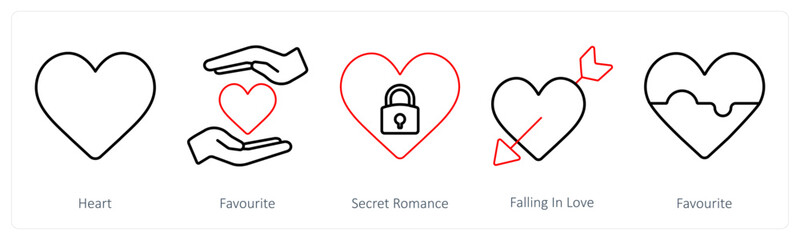 A set of 5 mix icons as heart, favorite, secret romance