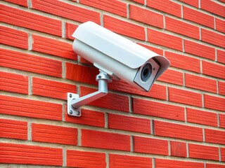 Minimalist Photography of White CCTV Camera Mounted on High Point of Red Brick Wall, Urban Security, Modern Design, Outdoor Surveillance, Architectural Contrast, Minimalism