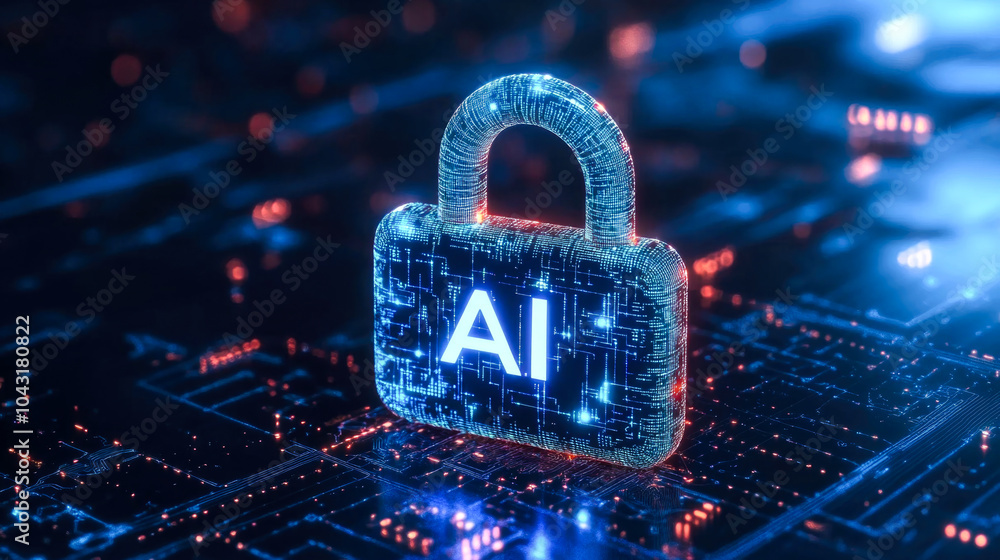 Wall mural futuristic ai lock on digital circuit board representing cybersecurity and data protection