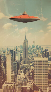 Retro vintage color photograph movie poster dramatic UFO flying saucer over a big city news style 1960s sci-fi science fiction alien invasion journalistic hoax conspiracy theory concepts	
