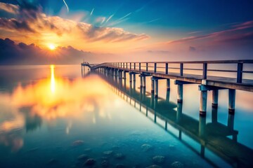 Obraz premium Misty Sunset Over Broken Pier Bridge in Blue Hour - Vintage Style Photography of Serene Landscape, Nature, and Tranquility
