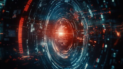 Abstract digital landscape with glowing elements and circular patterns.