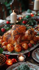Turkey on a platter with candles and other holiday foods, food background, hanksgiving day