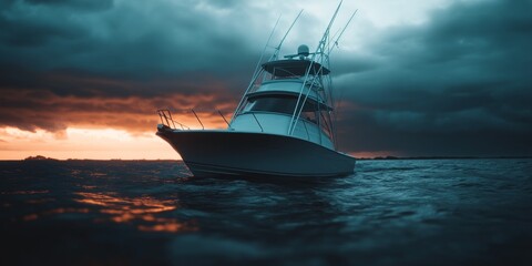 Fototapeta premium A large boat sails through stormy seas at sunset.