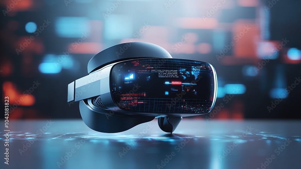 Poster a futuristic virtual reality headset displayed on a sleek surface with digital elements.