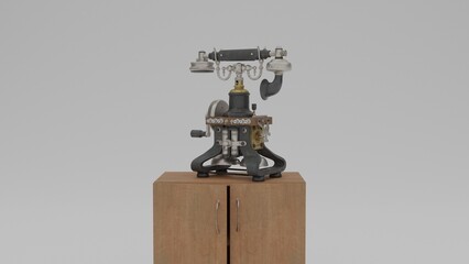 antique telephone on small wardrobe with white background