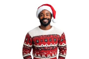 Smiling African American man wearing Christmas sweater and Santa hat isolated on a transparent background