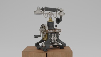 antique telephone on small wardrobe with white background