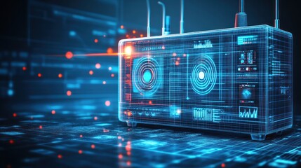 Fototapeta premium A digital representation of a radio device with glowing elements and data visuals.