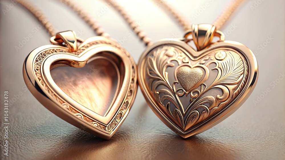 Poster heart shaped locket and chain with selective focus, open and closed, shallow depth of field