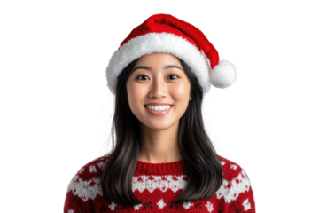 Smiling Asian woman in Christmas sweater and Santa hat isolated on a transparent background