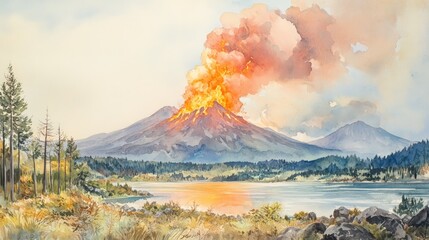 Watercolor painting of a volcano erupting with a large plume of smoke and ash rising into the air. The volcano is in the background, and a lake is in the foreground.