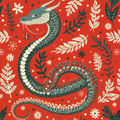 Obraz premium Seamless Dragon and Floral Pattern: A Vintage Oriental Design Blending Chinese Dragon Illustrations with Paisley and Floral Ornaments, Reflecting Ancient Asian Culture and Fantasy