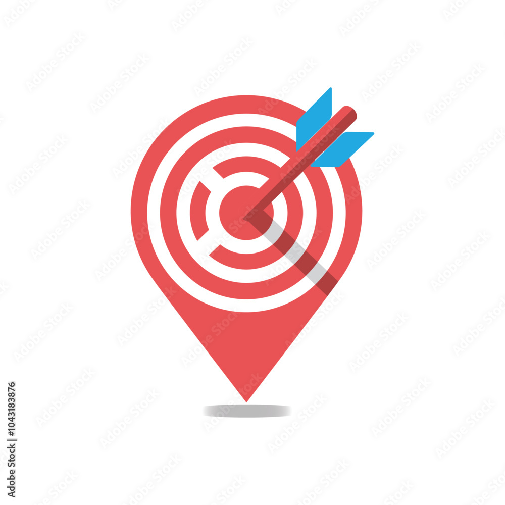 Poster this is a logo design that depicts a target mark in drop pin shape in red color with a red arrow hit