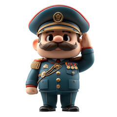 A cheerful cartoon general character in military uniform, offering a salute with a friendly demeanor and colorful medals.