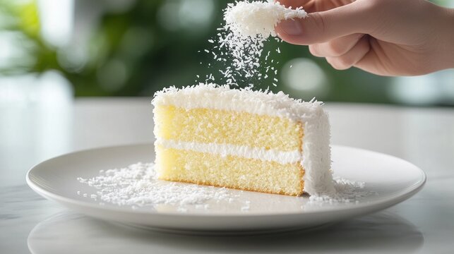 A slice of cake being garnished with coconut flakes on a white plate.