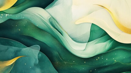 An abstract background featuring fluid shapes and forms inspired by the gentle curves of leaves, blending shades of green and gold. 