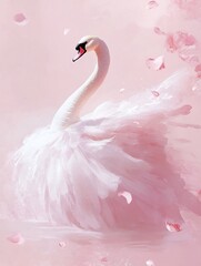 Female swan in a formal white dress on a light pink background.