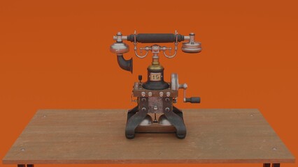 Antique telephone on school desk 4k photos. Antique Gear Telephone.