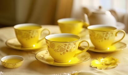 Fototapeta premium yellow cups and saucers are sitting on a table with a teapot