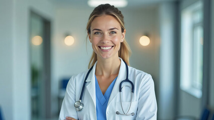 Friendly adult female doctor in workwear with stethoscope on neck in clinic interior, looking and smiling at camera, copy space