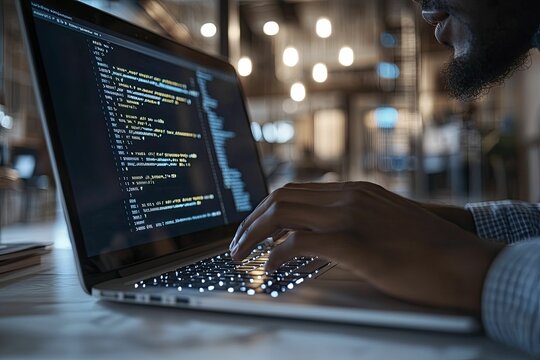 A software developer typing on a laptop, glowing screen reflecting on their face, fingers in sharp focus with blurred background of a modern office