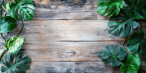 A wooden surface framed by lush green leaves, ideal for nature-themed designs.