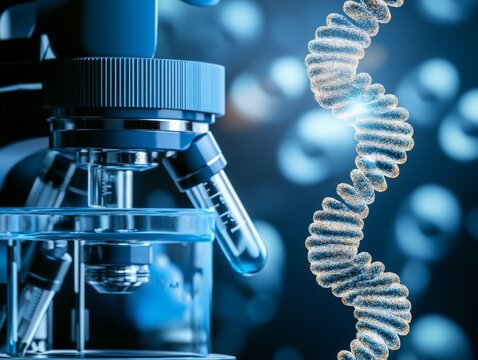 A microscopic view of a DNA helix alongside scientific equipment, highlighting the intersection of biology and technology in genetic research.