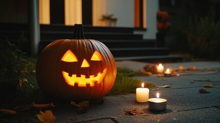 Vibrant Orange Pumpkins with Creepy Faces Lighting Up the Front Porch