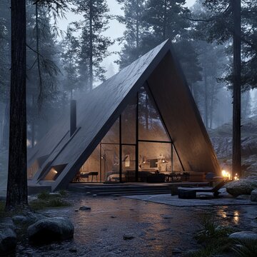 A modern A-frame cabin nestled in a misty forest with a cozy interior and a fire burning in the hearth.