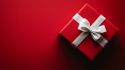 Charming red gift box decorated with white ribbon on a red surface, creating a cheerful atmosphere for Christmas or Valentine's Day celebrations or surprises.