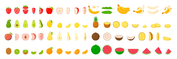 Fruits vector set. Isolated vegetarian sign. Juicy ripe organic. Sliced fruit in half and slice.