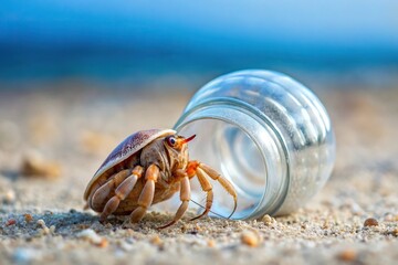 Hermit crab making home in plastic bottle cap