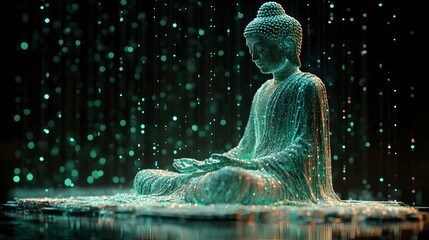 white color buddha in a meditation pose at a black background with a green color matrix rain. vesak festival, buddhist festival and lord buddha, meditation and mindfulness, technology and buddhism	