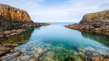 Crystalclear tidal pools in a hidden beach cove, rocky cliffs surrounding the calm ocean, peaceful...