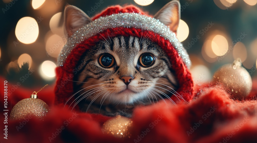 Wall mural adorable cat wearing a festive red hat surrounded by christmas decorations on a cozy winter evening.