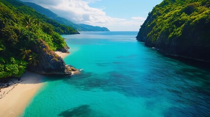 Remote beach cove with turquoise waters, lush greenery surrounding, untouched coastline, escape from the world,  remote cove, serene escape