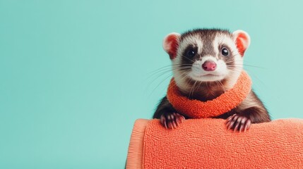 A playful ferret peeking over an orange towel against a light blue background.