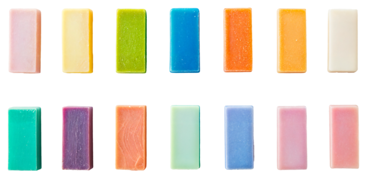 Colorful set of rectangular soap bars in various shades, isolated on transparent background, handmade and natural soap collection for skincare, bath, and beauty products - Powered by Adobe