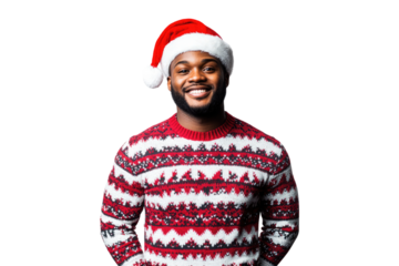 Smiling African American man wearing Christmas sweater and Santa hat isolated on a transparent background