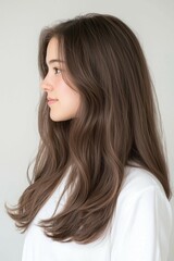 Naklejka premium Side profile portrait of a young woman with long wavy hair and natural beauty wearing a white outfit