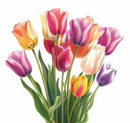 A bouquet of tulips in various colors against a white background, illustrated with simple lines, no shadows or highlights, appearing fresh and natural with bright colors and detailed depiction.