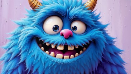 Obraz premium Playful blue furry monster with big eyes and toothy grin