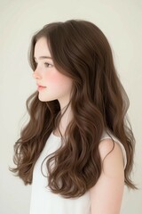 Naklejka premium Side profile portrait of a young woman with long wavy hair and natural beauty wearing a white outfit
