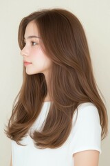 Side profile portrait of a young woman with long wavy hair and natural beauty wearing a white outfit