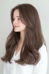 Fototapeta premium Side profile portrait of a young woman with long wavy hair and natural beauty wearing a white outfit